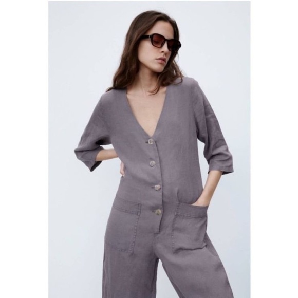 Zara Jumpsuit Women's Large Gray Linen Long Boilersuit Minimalist Lagenlook Grey - Picture 2 of 9